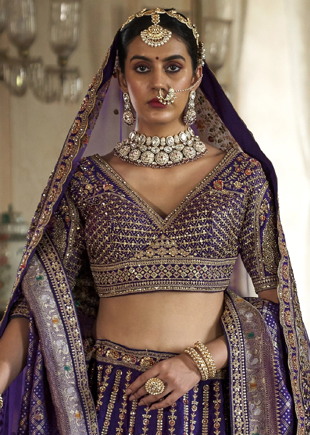Indigo Purple Banarasi Silk Lehenga with Thread, Pearl & Sequin Embroidery : Wedding Edit