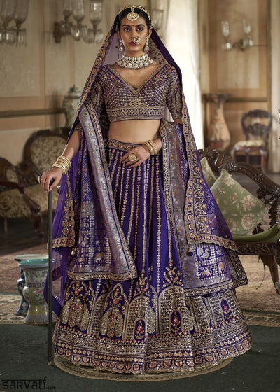 Indigo Purple Banarasi Silk Lehenga with Thread, Pearl & Sequin Embroidery : Wedding Edit