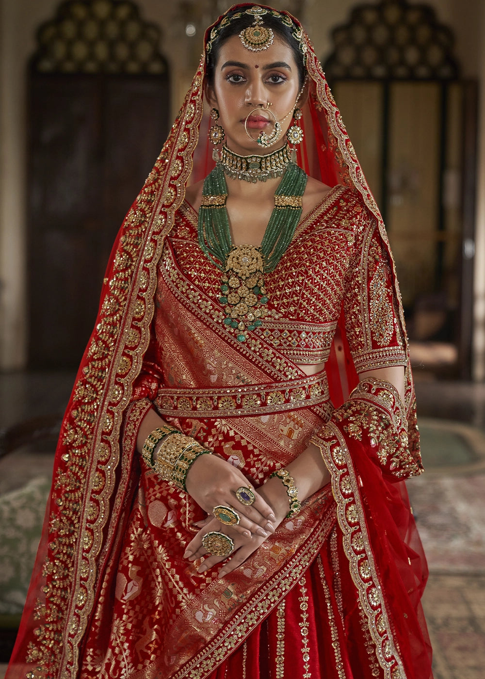 Classic Red Banarasi Silk Lehenga with Thread, Pearl & Sequin Embroidery : Wedding Edit
