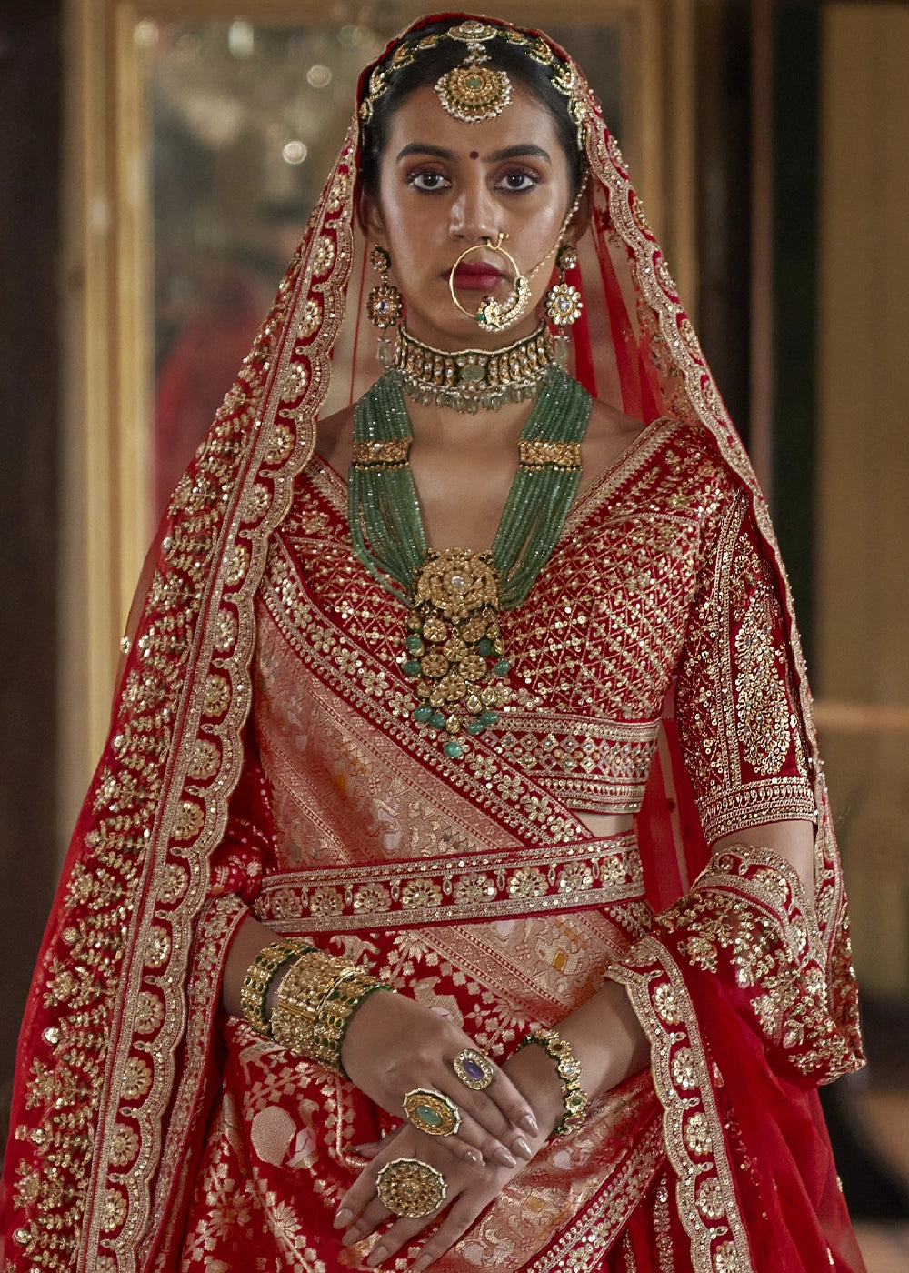 Classic Red Banarasi Silk Lehenga with Thread, Pearl & Sequin Embroidery : Wedding Edit