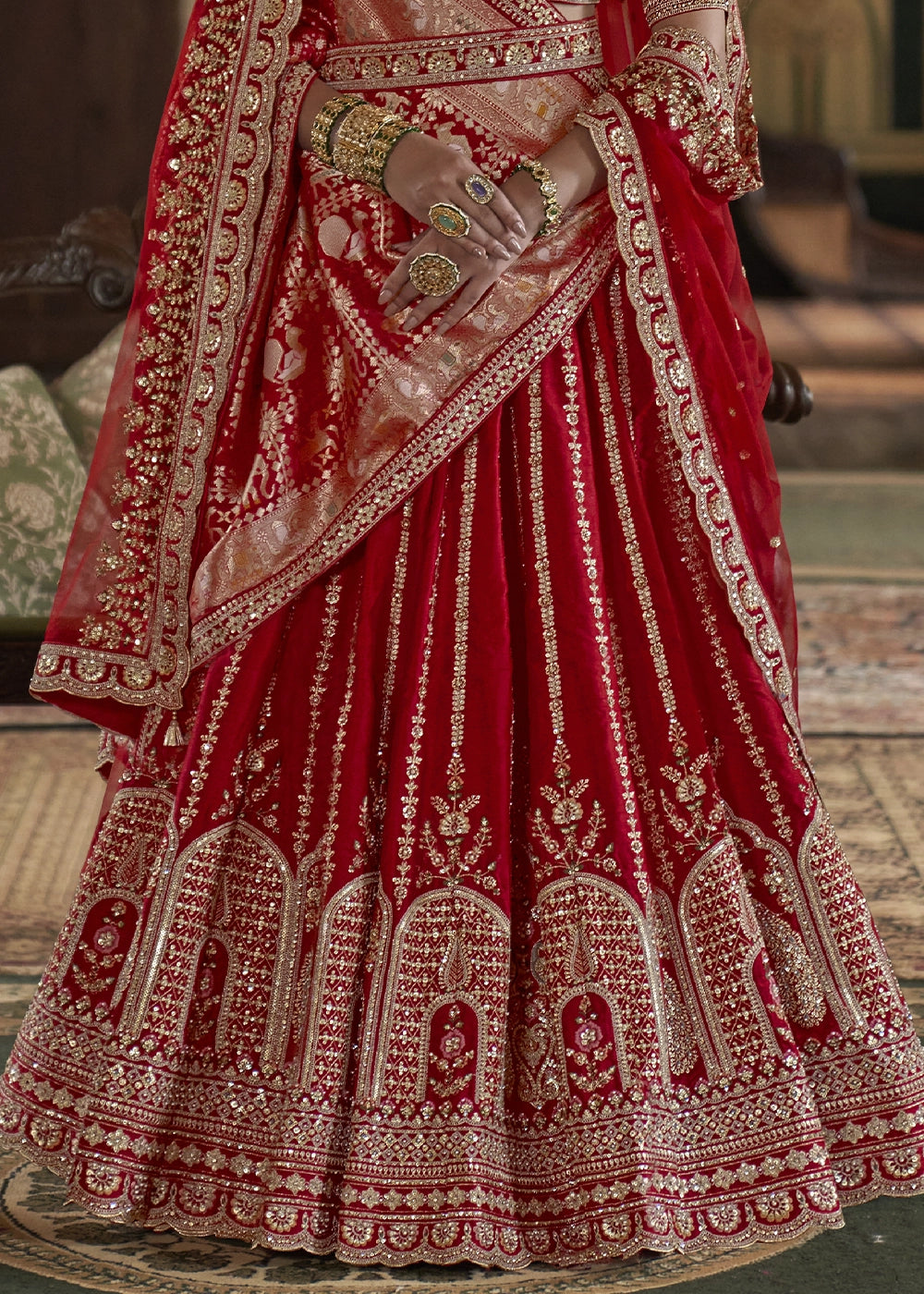 Classic Red Banarasi Silk Lehenga with Thread, Pearl & Sequin Embroidery : Wedding Edit