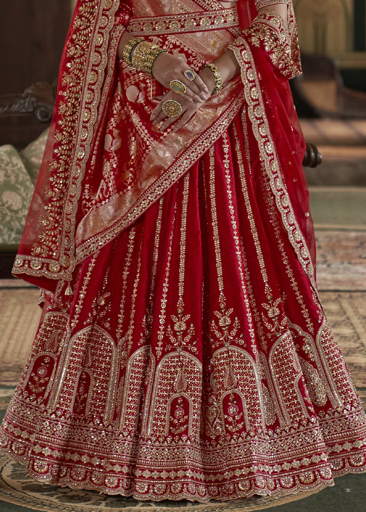 Classic Red Banarasi Silk Lehenga with Thread, Pearl & Sequin Embroidery : Wedding Edit