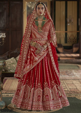 Classic Red Banarasi Silk Lehenga with Thread, Pearl & Sequin Embroidery : Wedding Edit