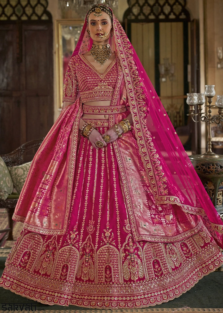 Rani Pink Banarasi Silk Lehenga with Thread, Pearl & Sequin Embroidery : Wedding Edit
