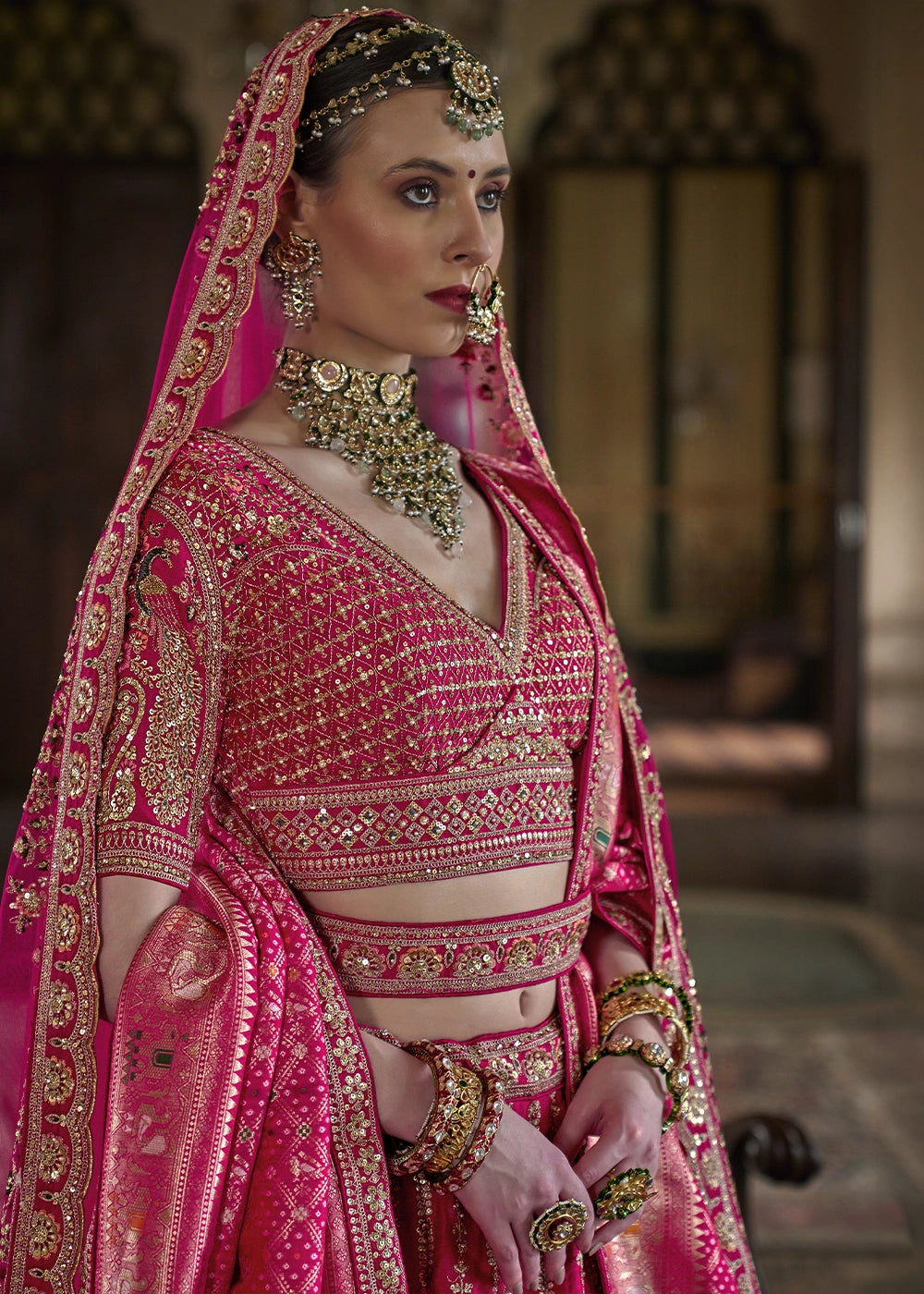 Rani Pink Banarasi Silk Lehenga with Thread, Pearl & Sequin Embroidery : Wedding Edit