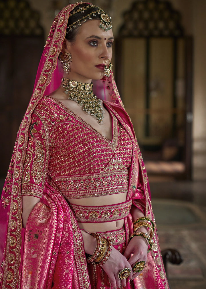 Rani Pink Banarasi Silk Lehenga with Thread, Pearl & Sequin Embroidery : Wedding Edit