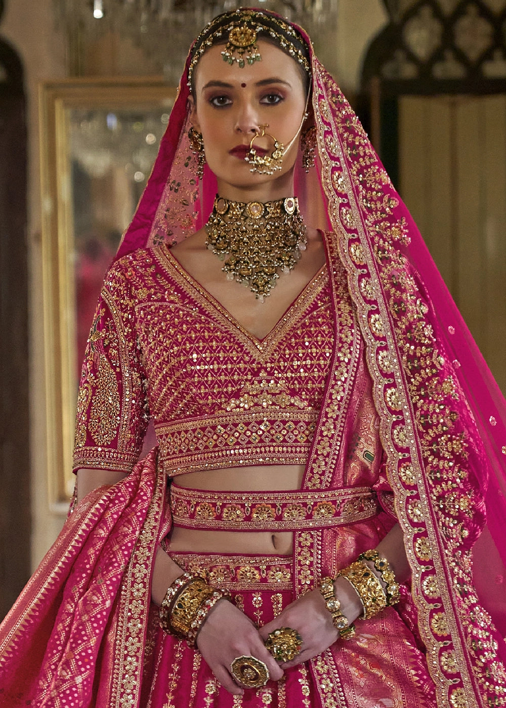 Rani Pink Banarasi Silk Lehenga with Thread, Pearl & Sequin Embroidery : Wedding Edit