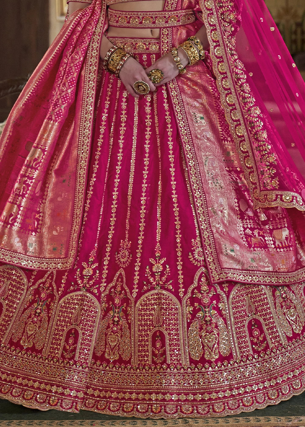 Rani Pink Banarasi Silk Lehenga with Thread, Pearl & Sequin Embroidery : Wedding Edit