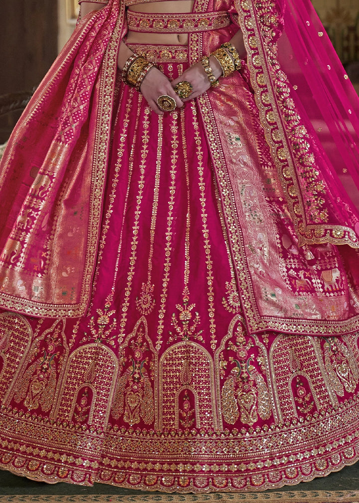 Rani Pink Banarasi Silk Lehenga with Thread, Pearl & Sequin Embroidery : Wedding Edit