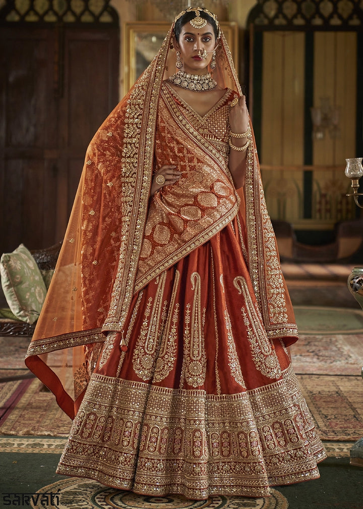 Rust Orange Banarasi Silk Lehenga with Thread, Pearl & Sequin Embroidery : Wedding Edit