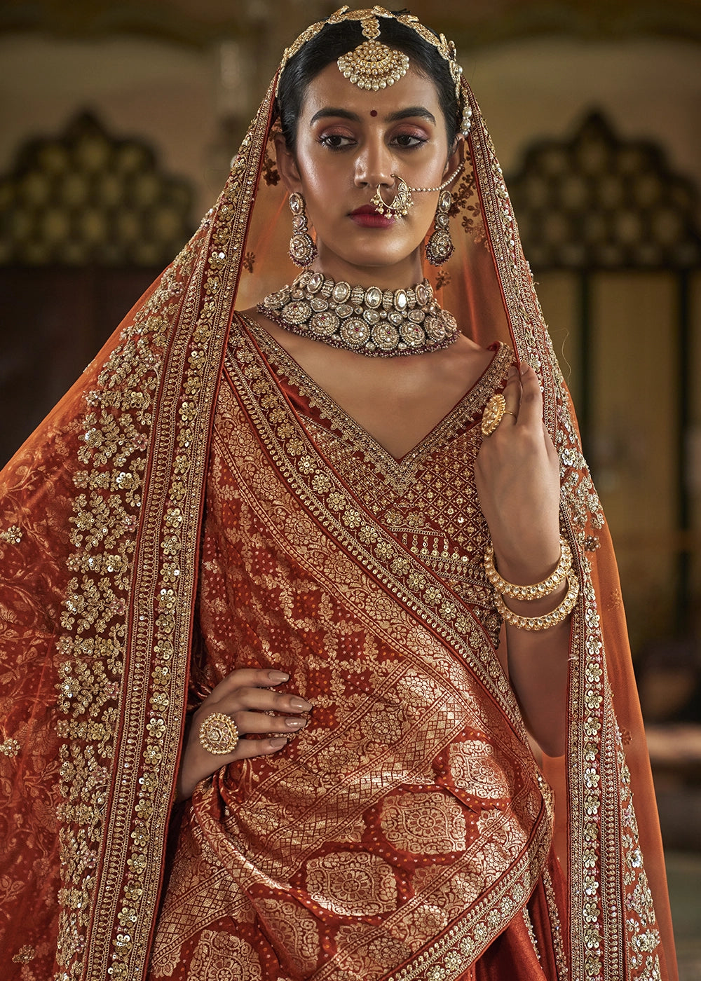 Rust Orange Banarasi Silk Lehenga with Thread, Pearl & Sequin Embroidery : Wedding Edit
