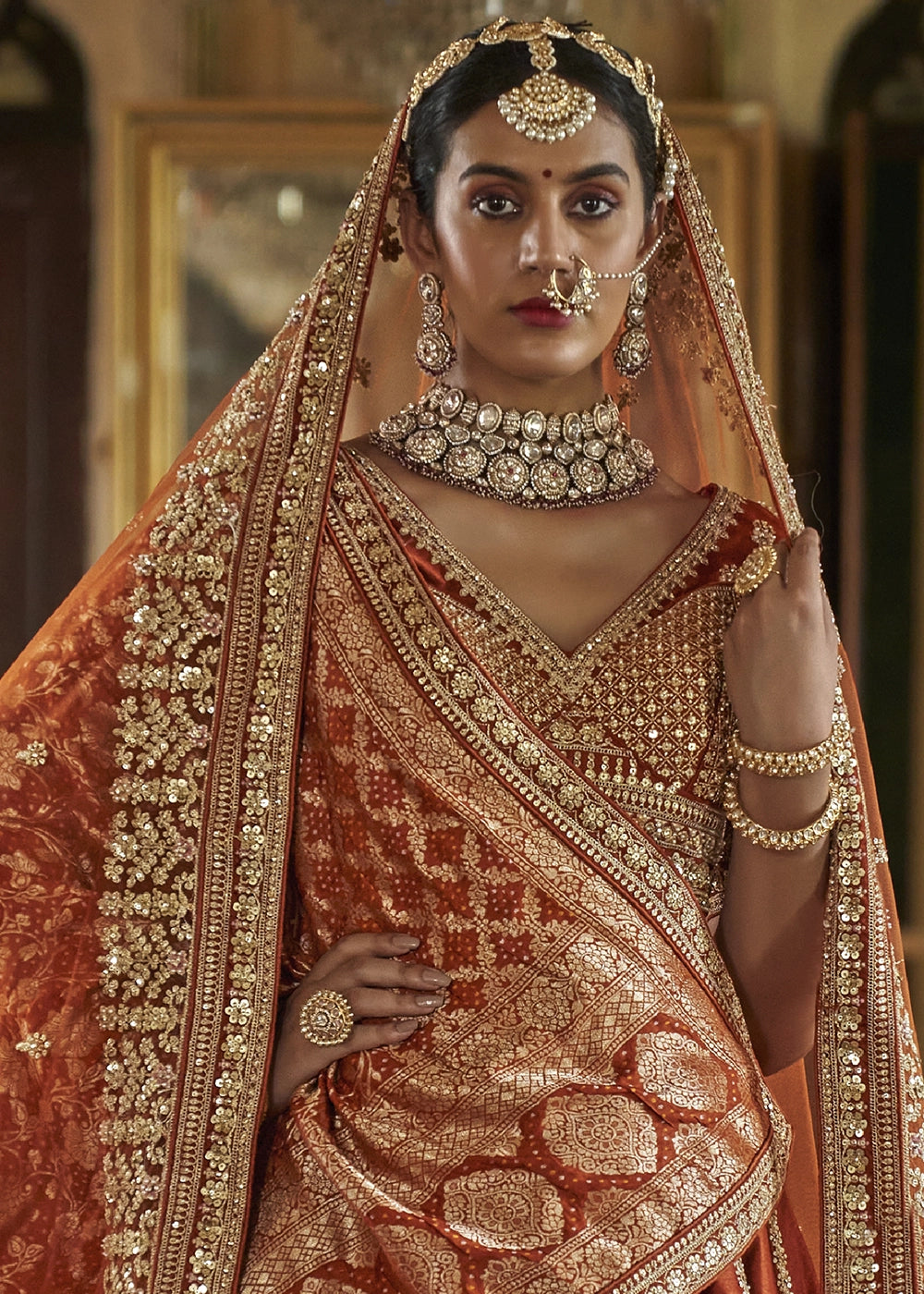 Rust Orange Banarasi Silk Lehenga with Thread, Pearl & Sequin Embroidery : Wedding Edit
