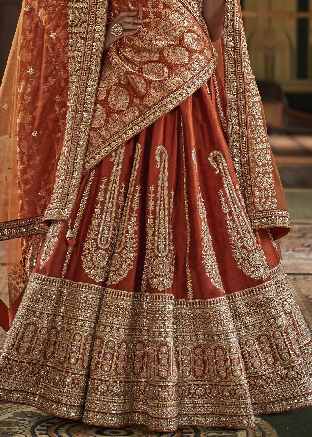 Rust Orange Banarasi Silk Lehenga with Thread, Pearl & Sequin Embroidery : Wedding Edit
