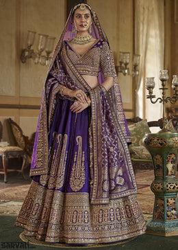 Royal Purple Banarasi Silk Lehenga with Thread, Pearl & Sequin Embroidery : Wedding Edit