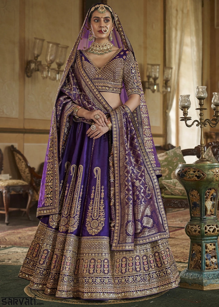 Royal Purple Banarasi Silk Lehenga with Thread, Pearl & Sequin Embroidery with Zari Weaving: Wedding Edit