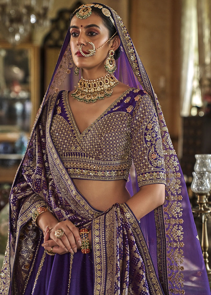 Royal Purple Banarasi Silk Lehenga with Thread, Pearl & Sequin Embroidery with Zari Weaving: Wedding Edit