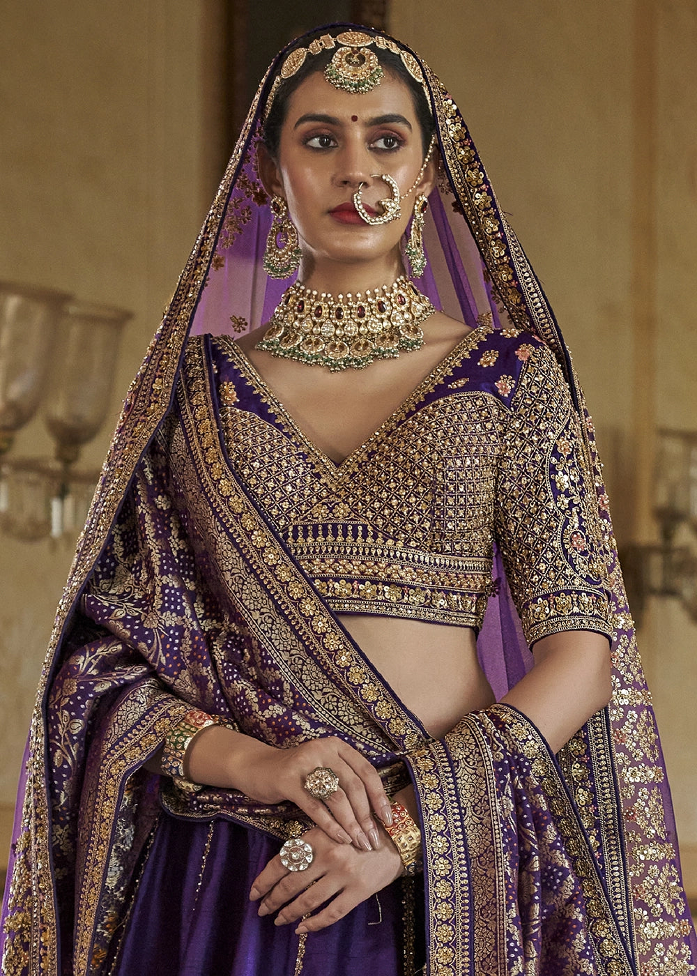 Royal Purple Banarasi Silk Lehenga with Thread, Pearl & Sequin Embroidery with Zari Weaving: Wedding Edit
