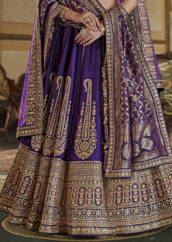 Royal Purple Banarasi Silk Lehenga with Thread, Pearl & Sequin Embroidery with Zari Weaving: Wedding Edit