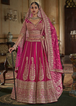 Magenta Pink Banarasi Silk Lehenga with Thread, Pearl & Sequin Embroidery : Wedding Edit