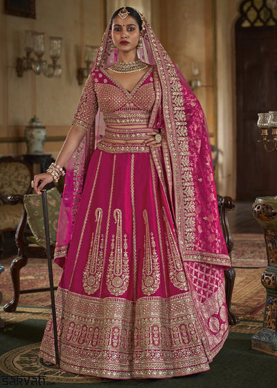 Magenta Pink Banarasi Silk Lehenga with Thread, Pearl & Sequin Embroidery with Zari Weaving: Wedding Edit