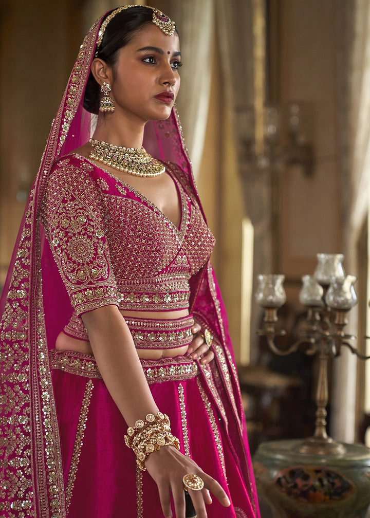 Magenta Pink Banarasi Silk Lehenga with Thread, Pearl & Sequin Embroidery : Wedding Edit