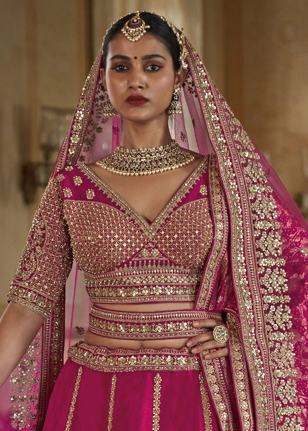 Magenta Pink Banarasi Silk Lehenga with Thread, Pearl & Sequin Embroidery : Wedding Edit