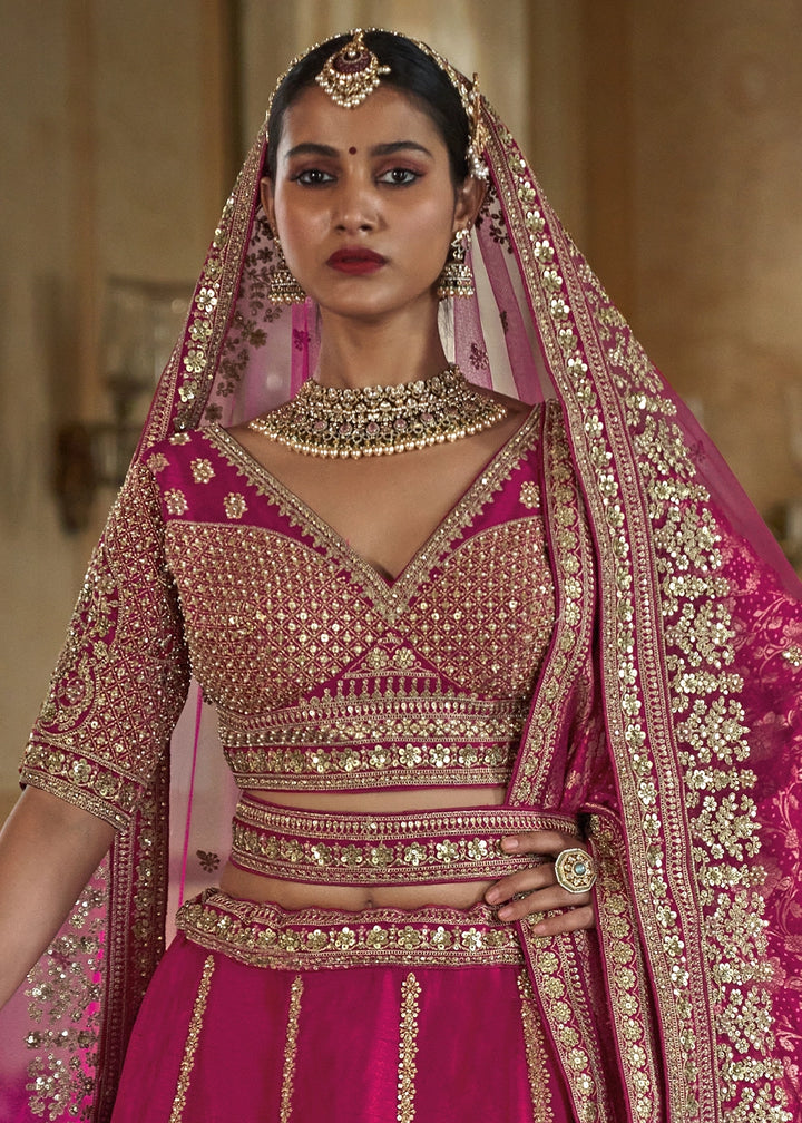 Magenta Pink Banarasi Silk Lehenga with Thread, Pearl & Sequin Embroidery : Wedding Edit