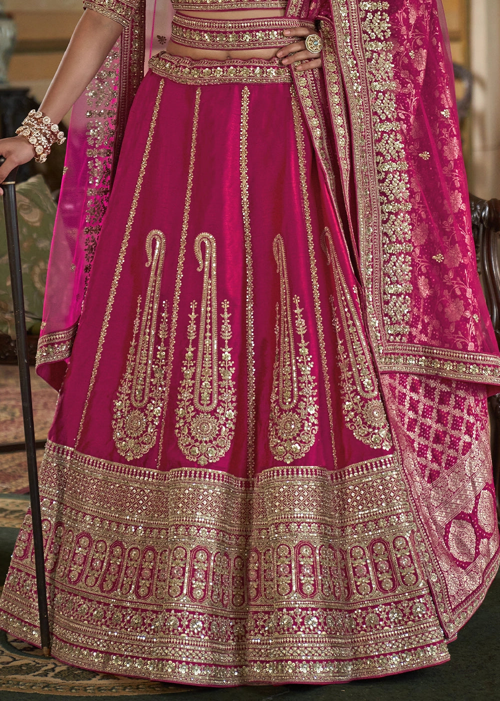 Magenta Pink Banarasi Silk Lehenga with Thread, Pearl & Sequin Embroidery : Wedding Edit