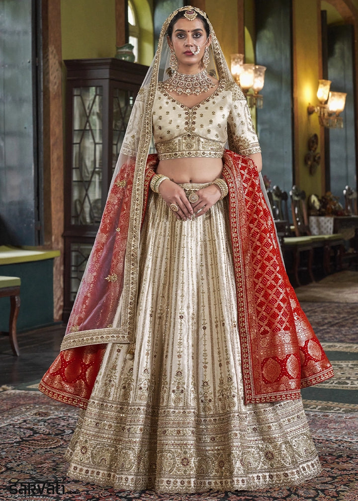Cream White Banarasi Silk Lehenga with Thread & Pearl Embroidery with Zari Weaving: Wedding Edit