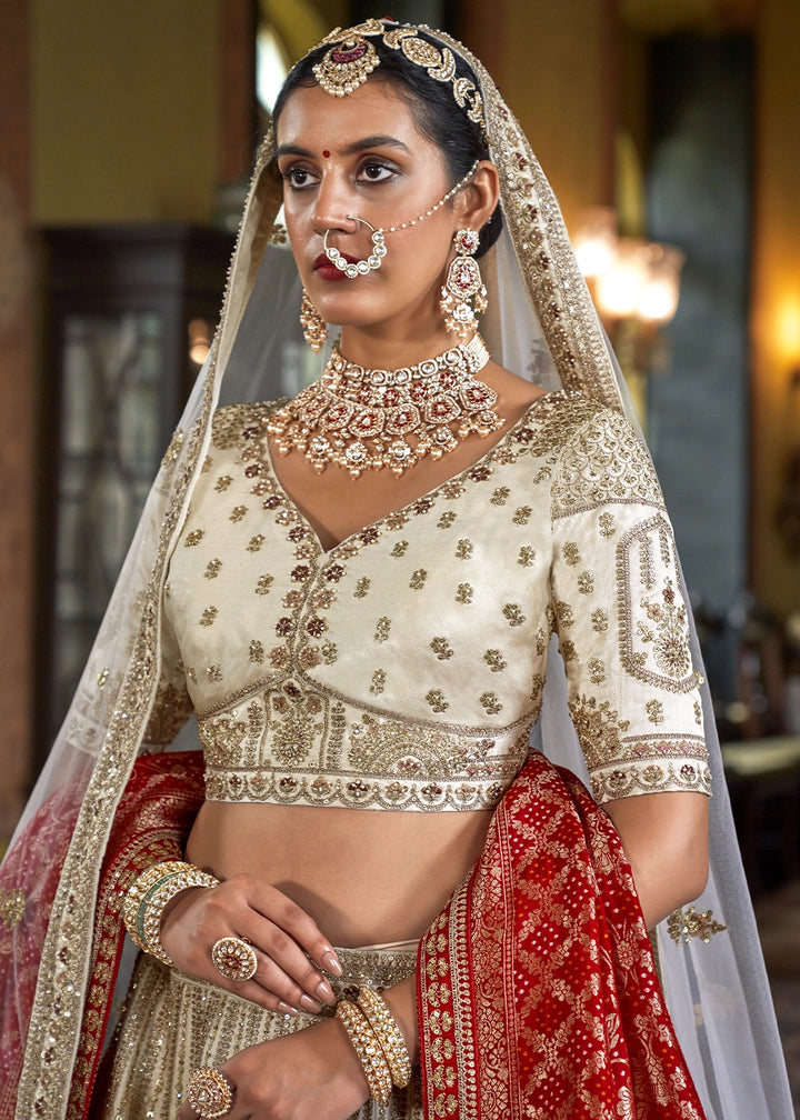Cream White Banarasi Silk Lehenga with Thread & Pearl Embroidery with Zari Weaving: Wedding Edit