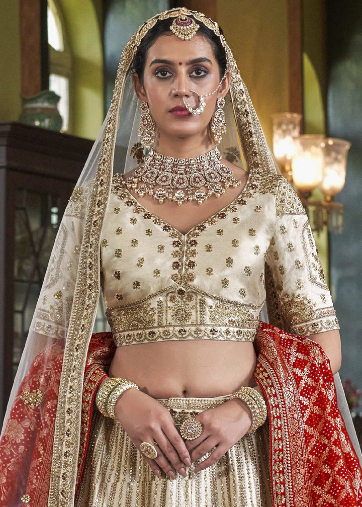 Cream White Banarasi Silk Lehenga with Thread & Pearl Embroidery with Zari Weaving: Wedding Edit