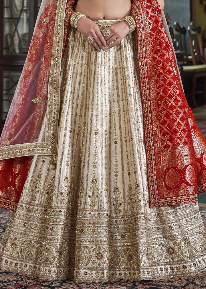 Cream White Banarasi Silk Lehenga with Thread & Pearl Embroidery with Zari Weaving: Wedding Edit