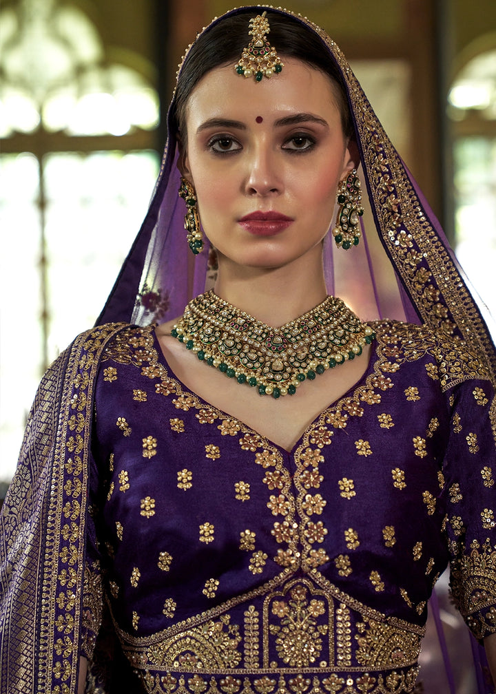 Indigo Purple Banarasi Silk Lehenga with Thread & Pearl Embroidery with Zari Weaving: Wedding Edit