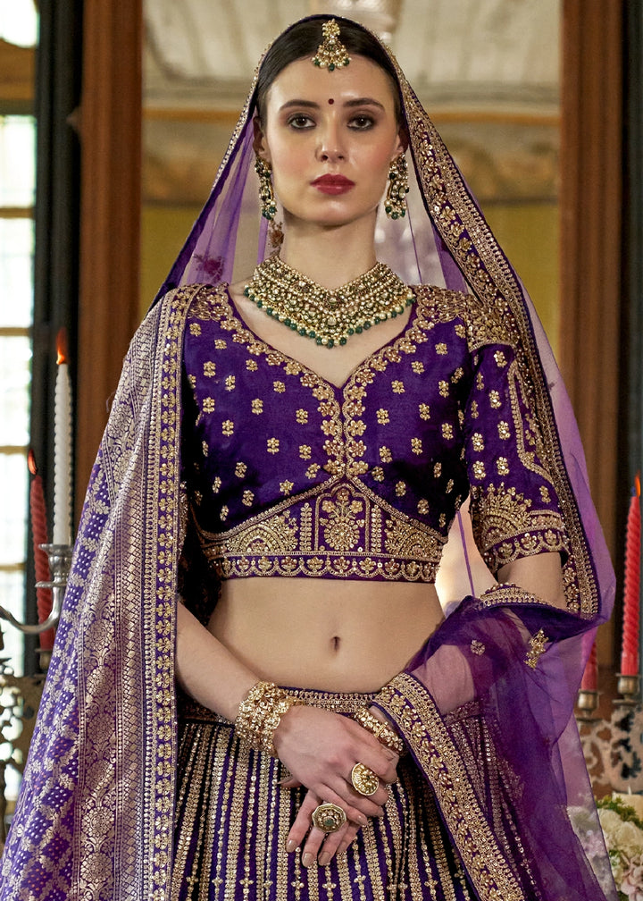 Indigo Purple Banarasi Silk Lehenga with Thread & Pearl Embroidery with Zari Weaving: Wedding Edit