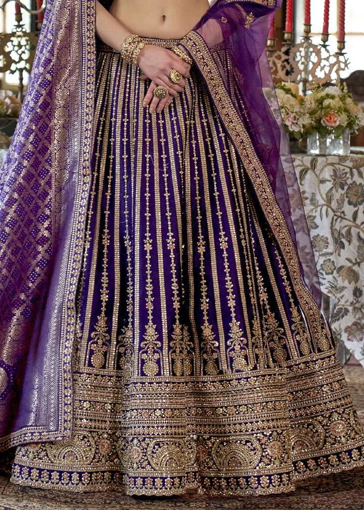Indigo Purple Banarasi Silk Lehenga with Thread & Pearl Embroidery with Zari Weaving: Wedding Edit