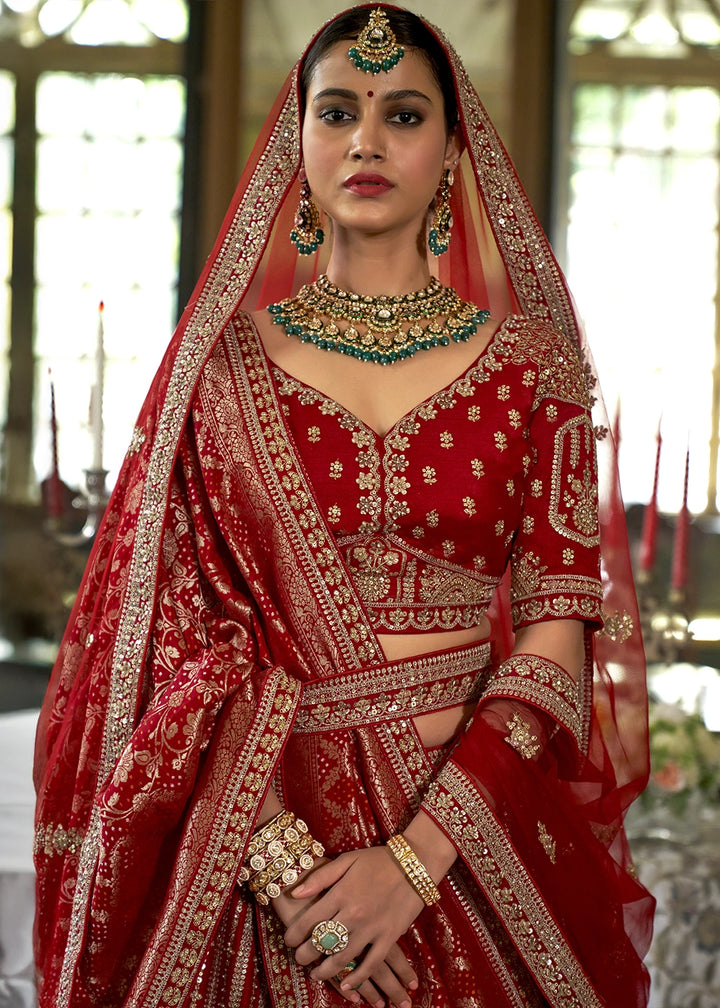 Crimson Red Banarasi Silk Lehenga with Thread & Pearl Embroidery with Zari Weaving: Wedding Edit