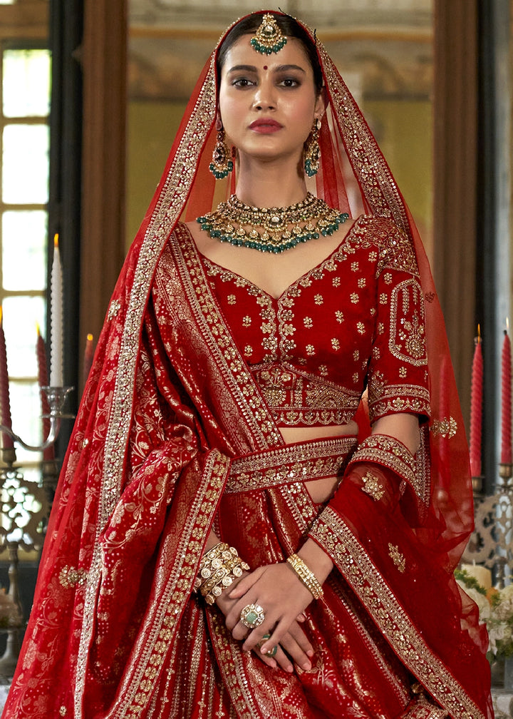 Crimson Red Banarasi Silk Lehenga with Thread & Pearl Embroidery with Zari Weaving: Wedding Edit