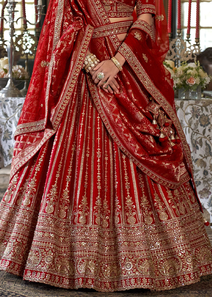 Crimson Red Banarasi Silk Lehenga with Thread & Pearl Embroidery with Zari Weaving: Wedding Edit
