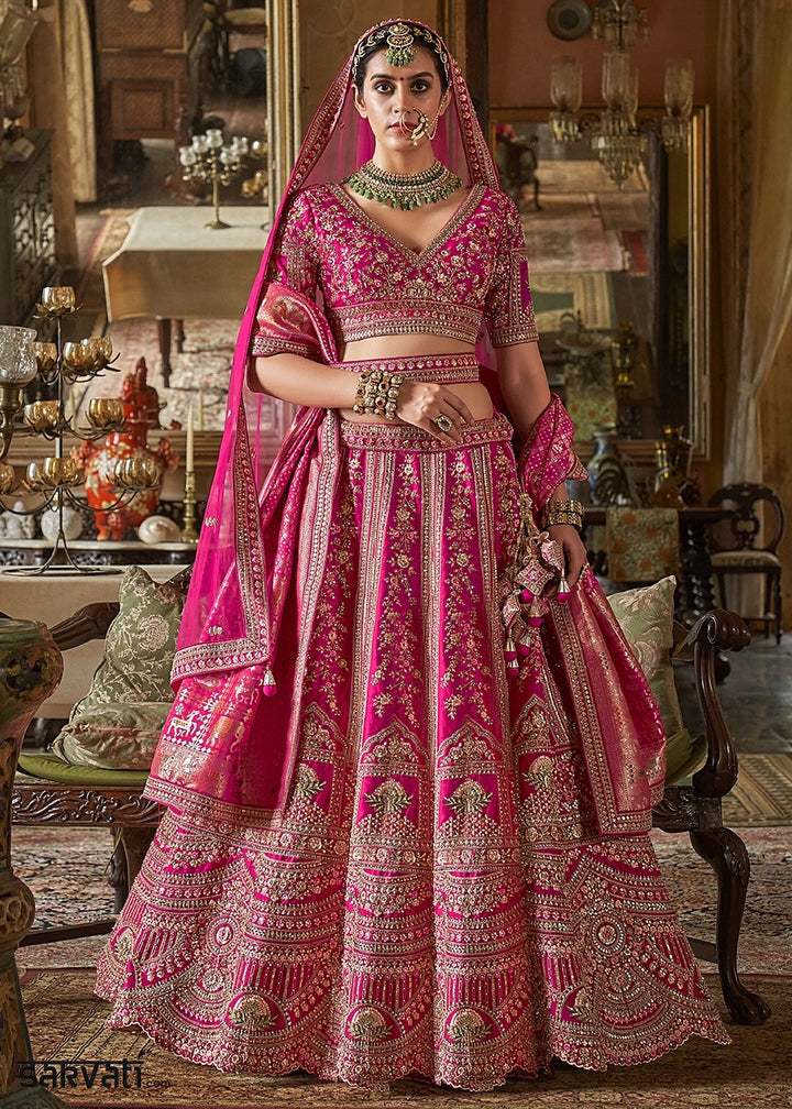 Hot Pink Banarasi Silk Lehenga with Thread & Pearl Embroidery with Zari Weaving: Wedding Edit