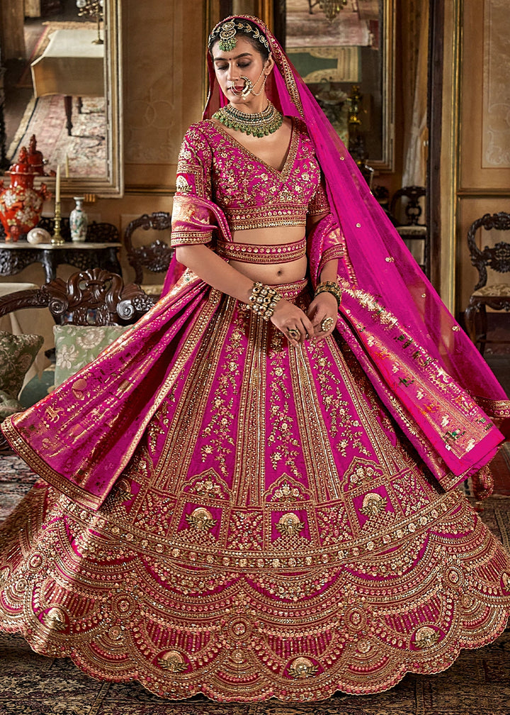 Hot Pink Banarasi Silk Lehenga with Thread & Pearl Embroidery with Zari Weaving: Wedding Edit