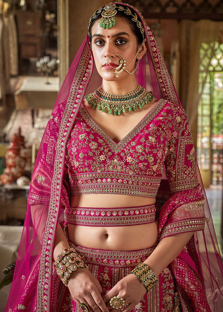 Hot Pink Banarasi Silk Lehenga with Thread & Pearl Embroidery with Zari Weaving: Wedding Edit