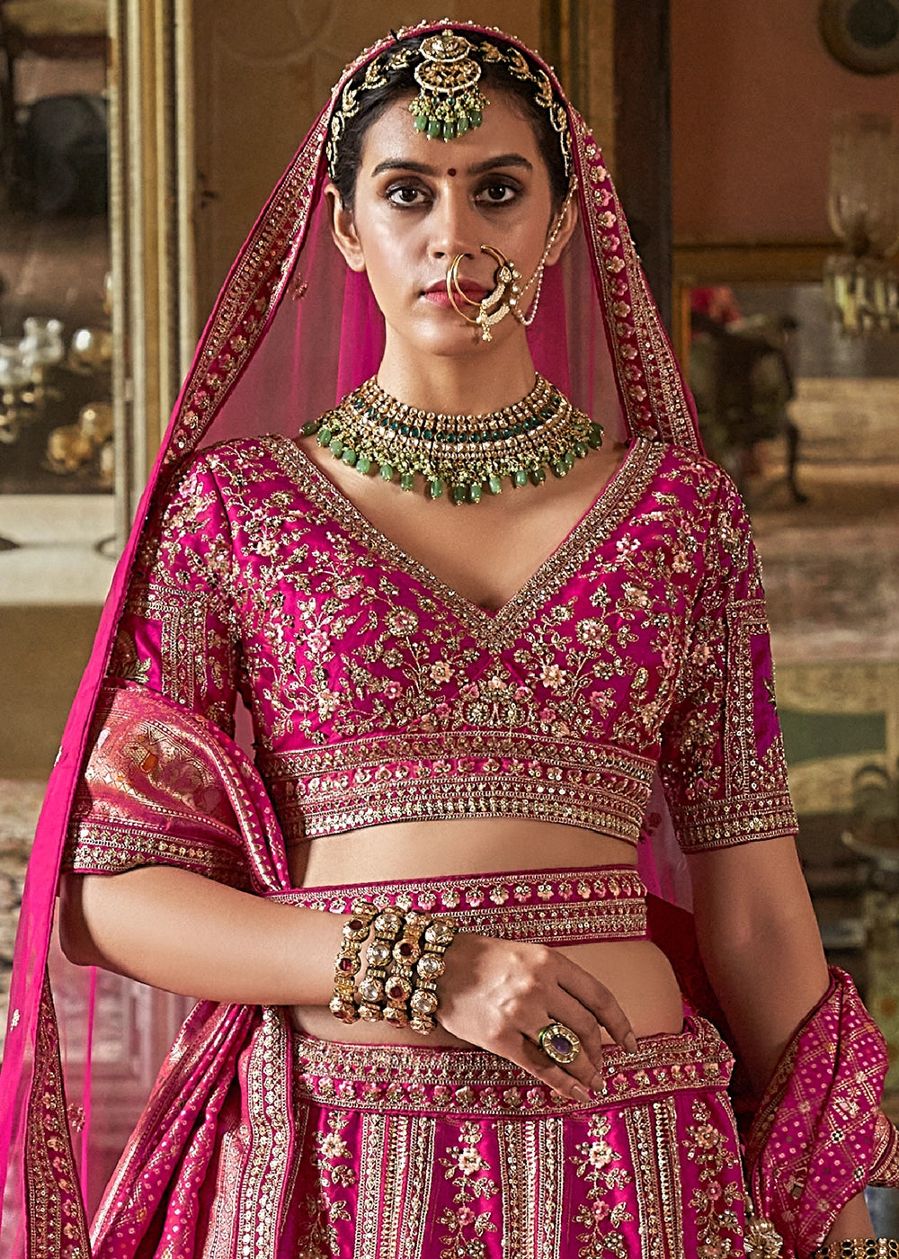 Hot Pink Banarasi Silk Lehenga with Thread & Pearl Embroidery with Zari Weaving: Wedding Edit