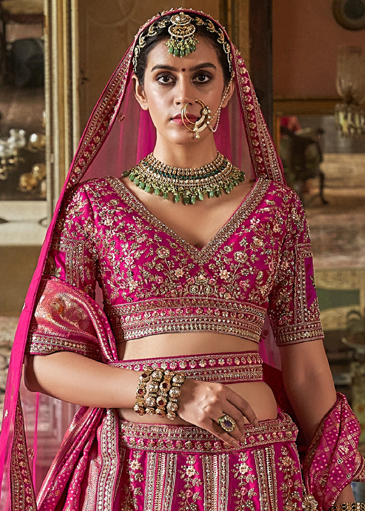 Hot Pink Banarasi Silk Lehenga with Thread & Pearl Embroidery with Zari Weaving: Wedding Edit