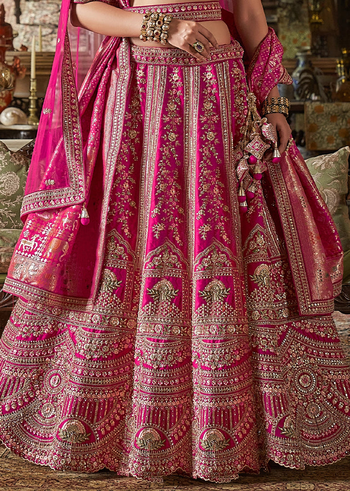 Hot Pink Banarasi Silk Lehenga with Thread & Pearl Embroidery with Zari Weaving: Wedding Edit
