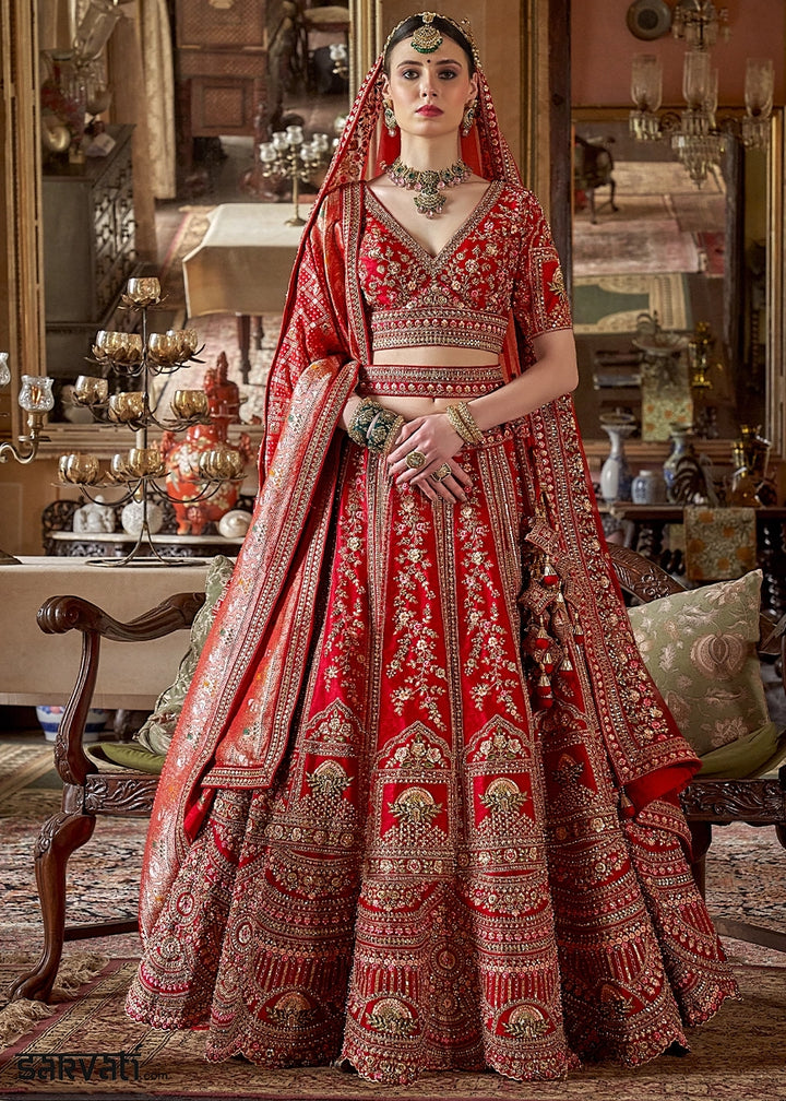 Persian Red Banarasi Silk Lehenga with Thread & Pearl Embroidery with Zari Weaving: Wedding Edit