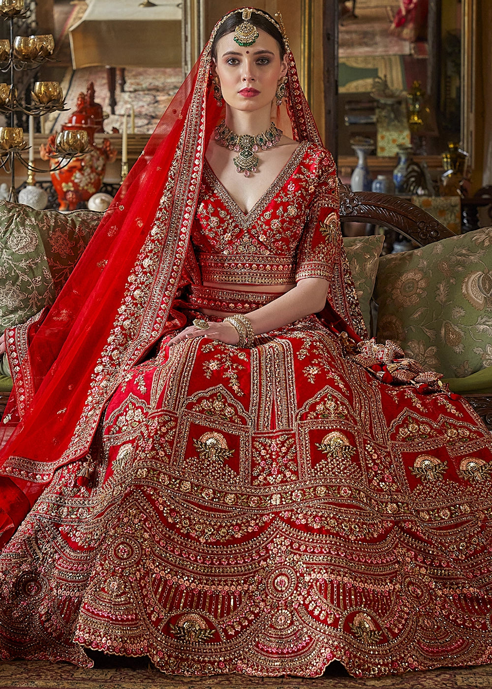 Persian Red Banarasi Silk Lehenga with Thread & Pearl Embroidery with Zari Weaving: Wedding Edit