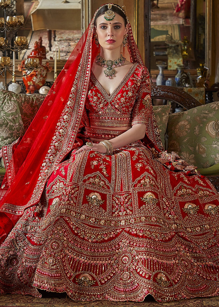 Persian Red Banarasi Silk Lehenga with Thread & Pearl Embroidery with Zari Weaving: Wedding Edit