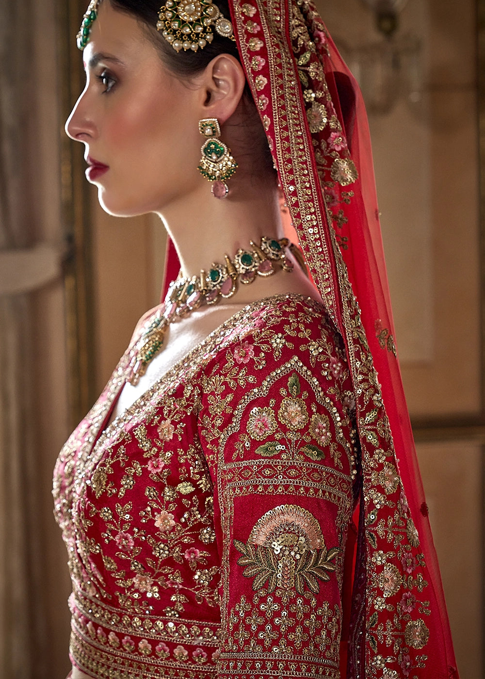 Persian Red Banarasi Silk Lehenga with Thread & Pearl Embroidery with Zari Weaving: Wedding Edit