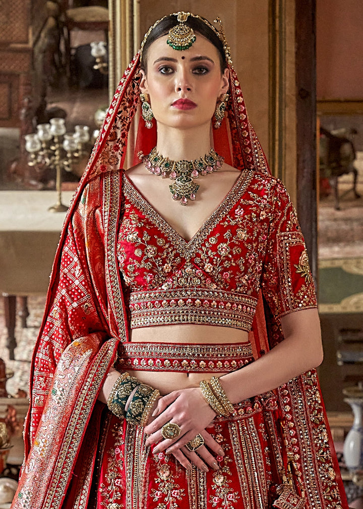Persian Red Banarasi Silk Lehenga with Thread & Pearl Embroidery with Zari Weaving: Wedding Edit