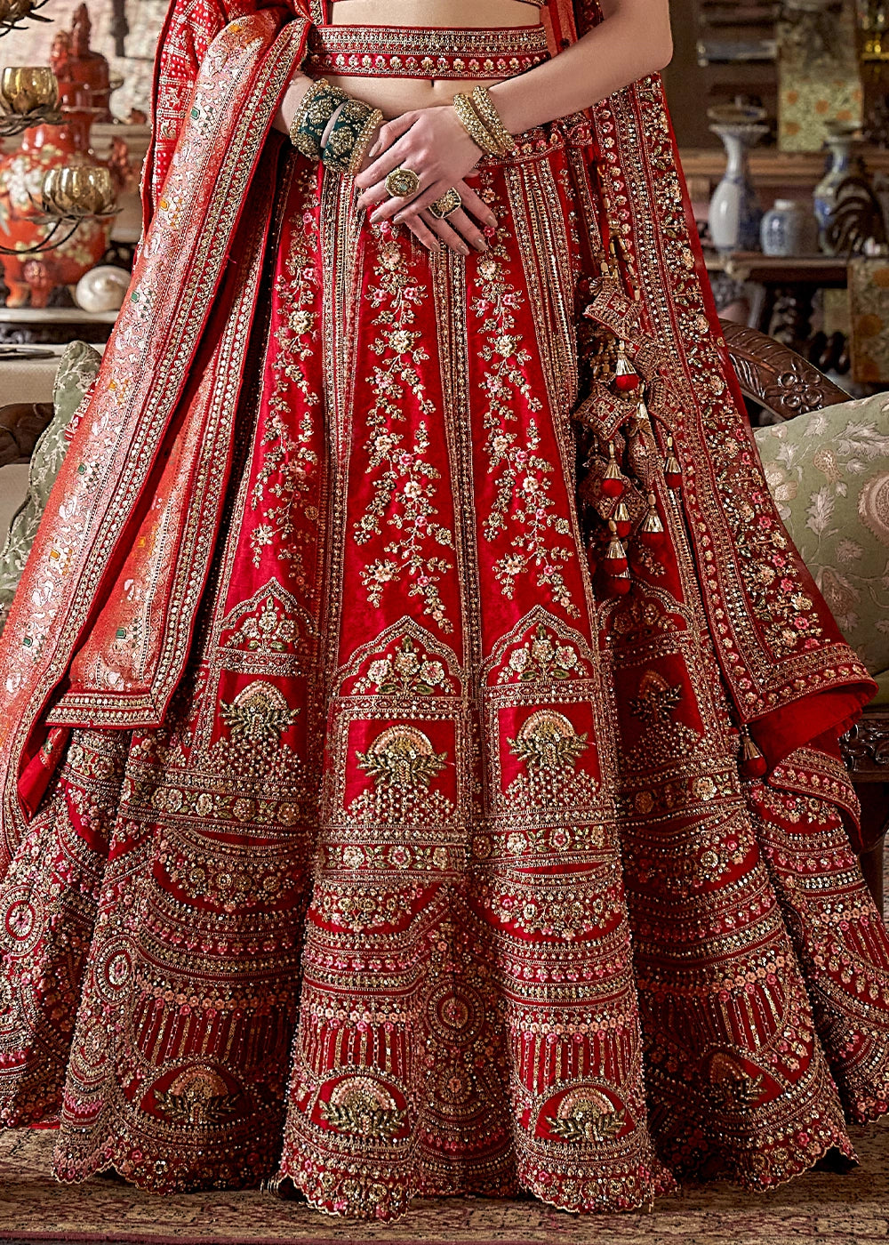 Persian Red Banarasi Silk Lehenga with Thread & Pearl Embroidery with Zari Weaving: Wedding Edit